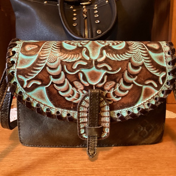 Purse, Leather, Indian Design, Turquoise & Brown, Patricia Nash Lanza Crossbody - Picture 4 of 16